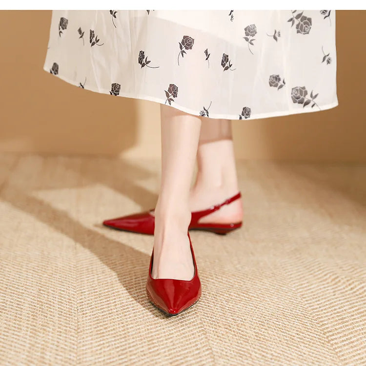 LIZAKOSHT -  Delicate Red Shiny Leather Sandals Woman Slingback Low Heels Shoes Ladies Party Brides Tacones Mujer Pointed Toe Flats Sandalias