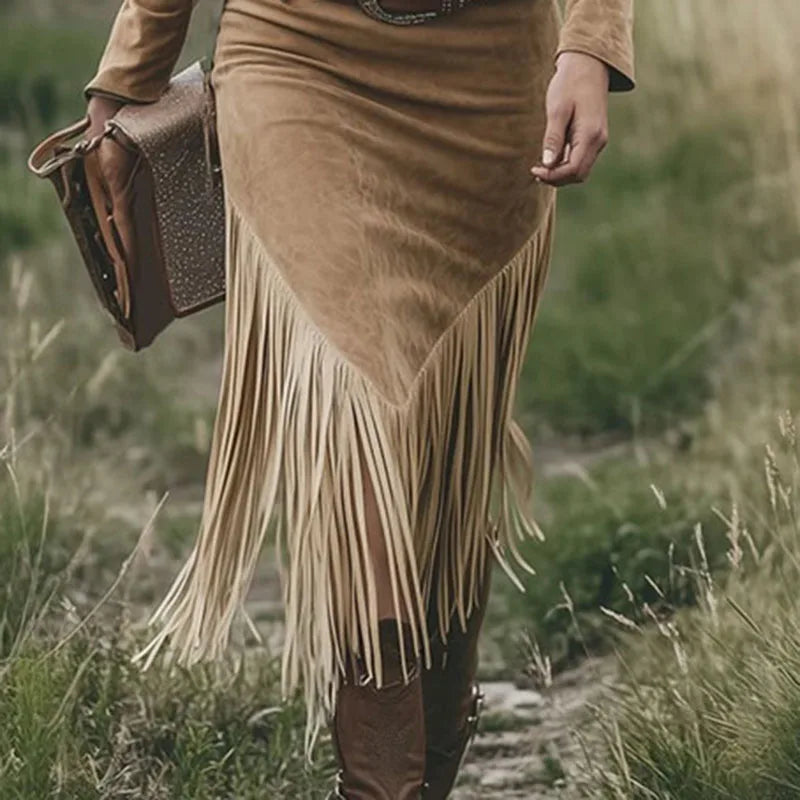 LIZAKOSHT  -  Western Retro Solid Suede Spliced Tassel Dress Woman Sexy Hollow Zipper Lapel Party Dress Autumn Long Sleeve Slim Bodycon Dress