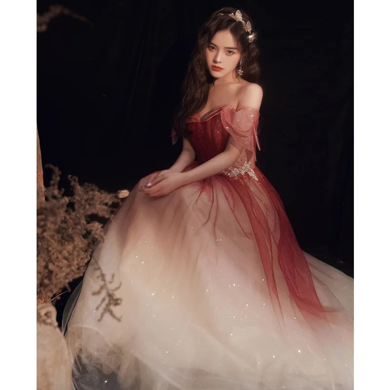 Fashion Gradient Prom Dresses for Women Off Shoulder Sparkly with Appliques Vestido De Festa Luxury Night Dress