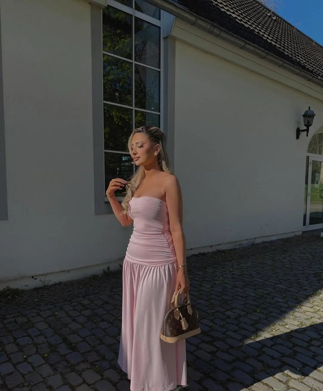 LIZAKOSHT  -  Elegant Ruched Strapless Dress Women Sexy Pastel Pink Off Shoulder Side Zipper Midi Dress 2025 New Summer Party Evening Dresses