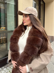 LIZAKOSHT  -  Patchwork Fur V-Neck Lace up Coat Woman Solid Color Long Sleeves Loose Warm Coats Luxury Chic Women's New Autumn Winter Jackets