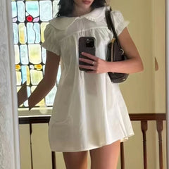 LIZAKOSHT  -  French Vintage Peter Pan Collar Puff Sleeve Sweet Dress Y2k Spring Summer Pleated All Match Clothes Harajuku High Street Dress