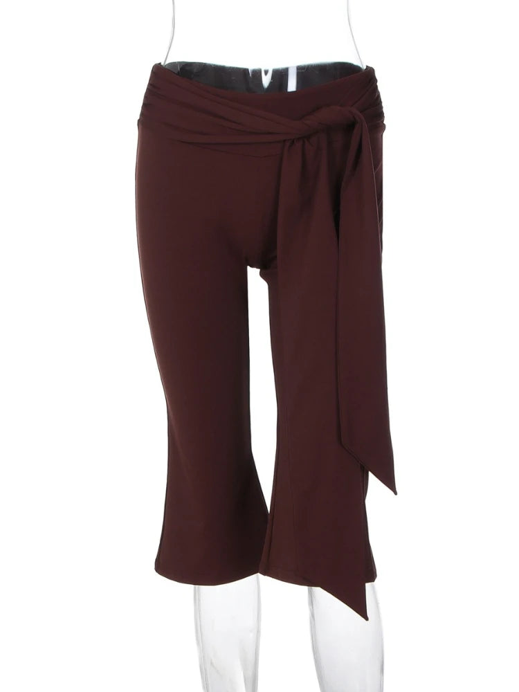 LIZAKOSHT  -  Women's Low Waist Bandage Calf-length Pants Streetwear Fashion Casual Ladies Solid Color Trousers Female Slim Flare Pants