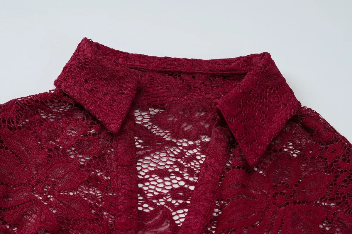 LIZAKOSHT  -  Autumn Women See Through Lace 2 Piece Set Turn Down Collar Long Sleeve Single Breasted Shirt Cardigan Top + Shorts Suit