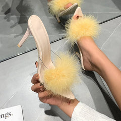 LIZAKOSHT  -  41-43 big size fur sandals high heels transparent slippers women brand designer feather sandalias mujer pointy open toe slides