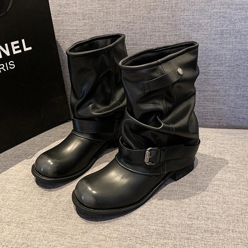 LIZAKOSHT  -  Autumn Winter Women Western Ankle Boots Fashion Belt Buckle Thick Heel Shoes Ladies Elegant Party Dress Short Booties