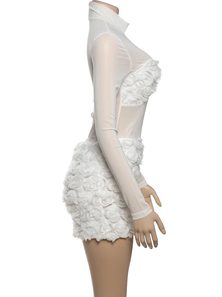 LIZAKOSHT  -  Flower Folds Decorated 2 Piece Set Women o-Neck Mesh Patchwork Full Sleeve Skinny Bodysuits+Mini Skirts Matching Suits