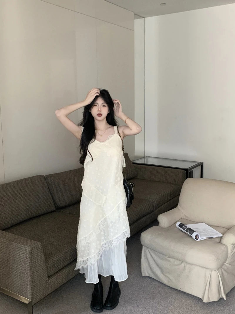 LIZAKOSHT -  Summer Lace Floral Midi Dress Woman Elegant One Piece Dress Korean Fashion Beach Style Sleeveless Casual Sundress Beige