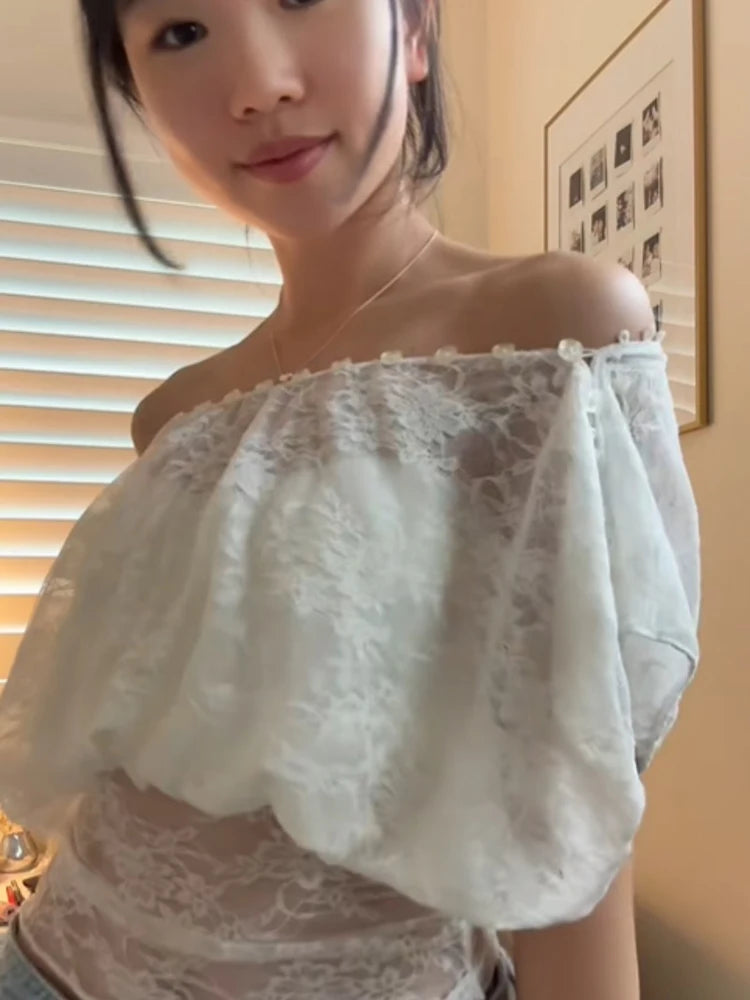 LIZAKOSHT  -  Stylish Delicate Lace Off Shoulder Short Tops Holiday Style Buttons Waist-cinching Shirts Lady Club Party Popular Streetwears