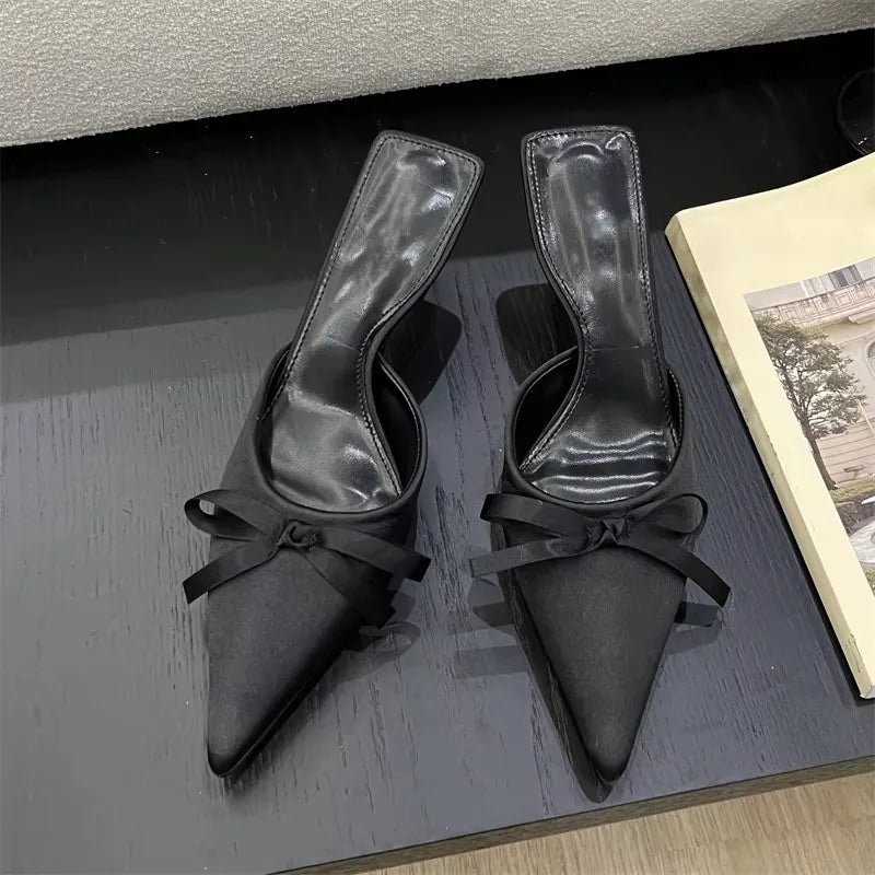 LIZAKOSHT  -  Spring Summer Silk Butterfly-knot Women's Slippers Sandals Pointed Toe High Heel Pumps Ladies Stripper Mules Shoes