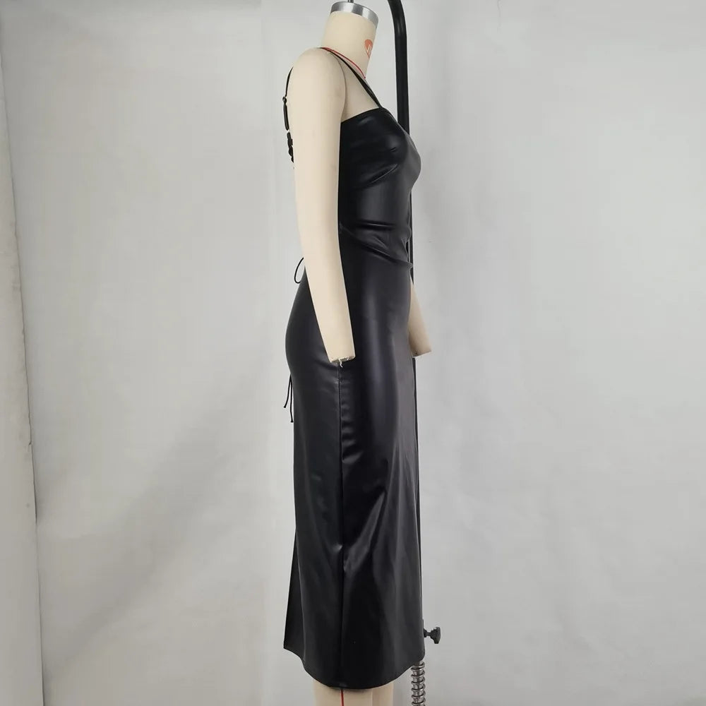 LIZAKOSHT  -  Solid Color Women Clothing Summer Fashion PU Sexy Open Back Lace-Up High Waist Wrap Hip Split Spaghetti Strap Dress