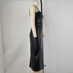 LIZAKOSHT  -  Solid Color Women Clothing Summer Fashion PU Sexy Open Back Lace-Up High Waist Wrap Hip Split Spaghetti Strap Dress