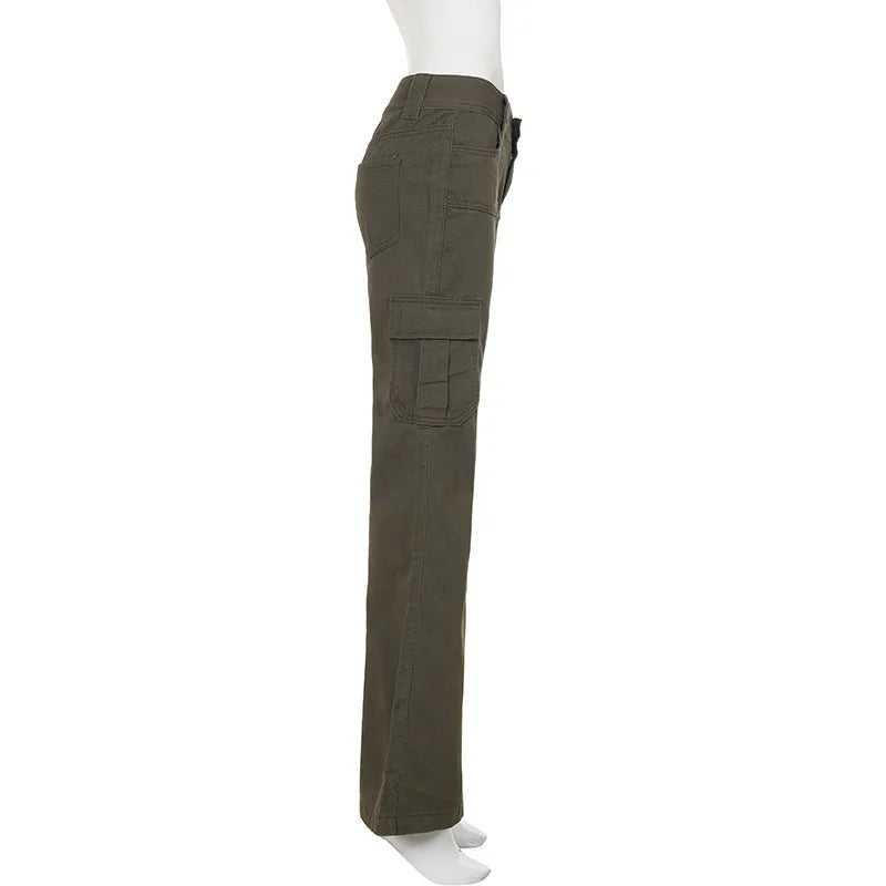 LIZAKOSHT  -  Vintage Low Rise Cargo Flare Pants Multi Pocket Streetwear Trousers