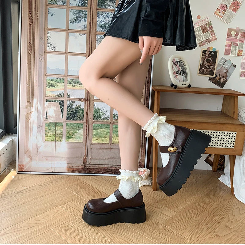 LIZAKOSHT  -  Autumn Vintage Platform Women Mary Jane Shoes  Fashion Outdoor Stripper Shoes Ladies Thick High Heels jk Leather Pumps