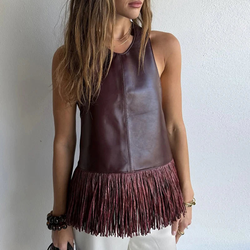 LIZAKOSHT  -  Women's Elegant O-neck Tassel Splicing Vest Fashion Commute High Waist Summer Tank Tops Casual Street Solid PU Leather Blouses