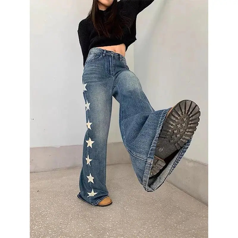 LIZAKOSHT Star Print High Waisted Jeans Woman Street Vintage Hip Hop Mopping Baggy Jeans Women Clothing Casual Straight Women Jeans