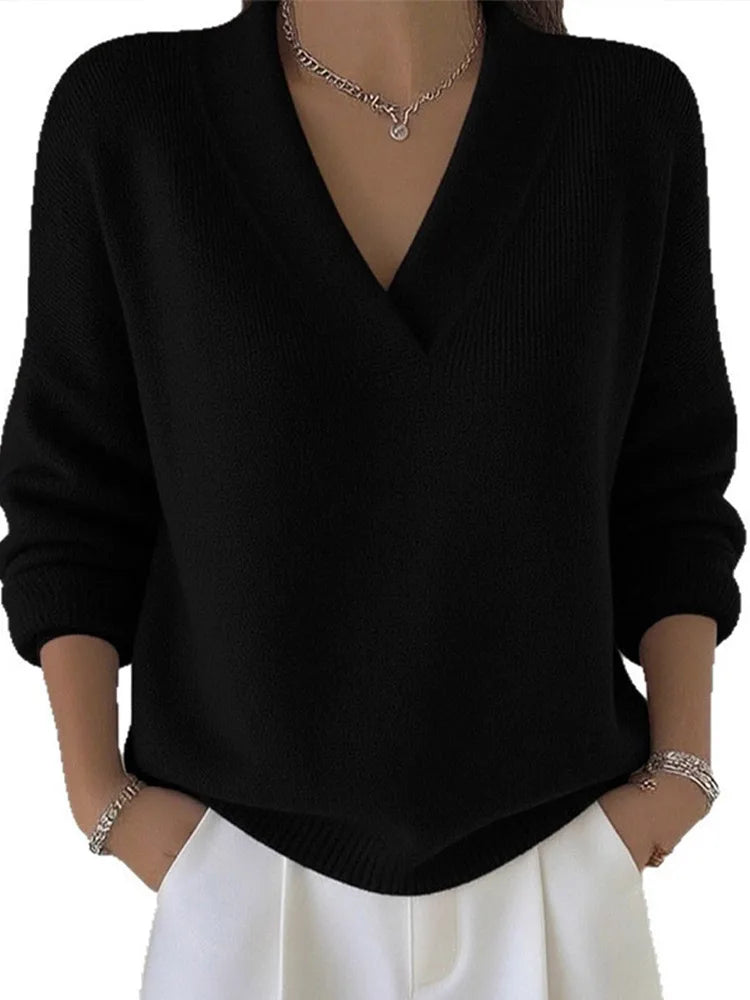 LIZAKOSHT  -  Deep V Neck Knit Sweater Women Long Sleeve Cuff Hem Ribbed Fuzzy Solid Casual Pullover Jumper Autumn Fashion Casual Tops