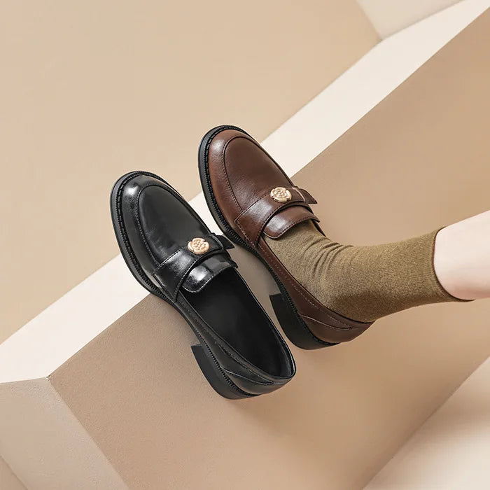 LIZAKOSHT  -  Women's British Shoe Autumn New Thick Heel Women Leather Shoe Versatile Anti Slip Women Casual Shoes Gold Buckle Women's Loafers