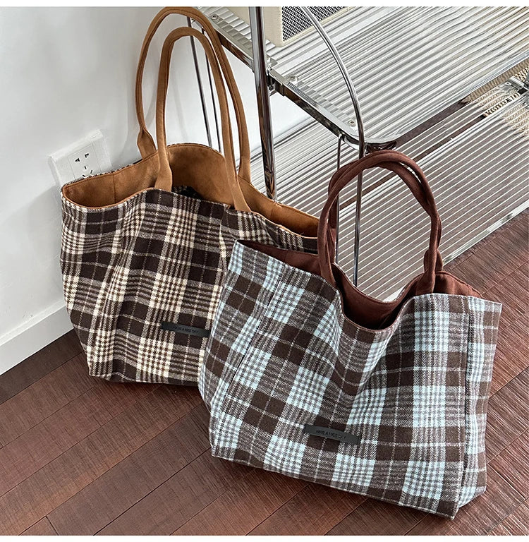 LIZAKOSHT  -  Autumn and Winter Woolen Plaid Shoulder Bag Double Sided Use Handbag Large Capacity Tote Bags For Women