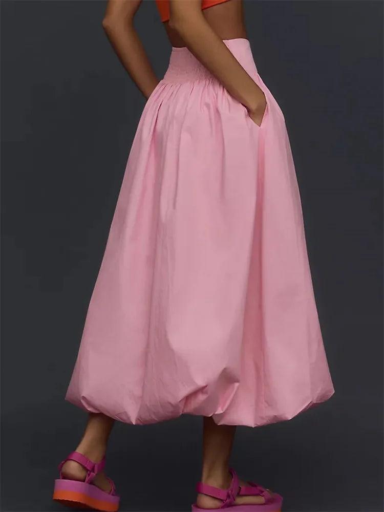 LIZAKOSHT  -  Women Long Maxi Skirts Casual Loose Fit Elastic Waist Solid Color Ruched Pleated Skirts for Summer Spring Streetwear