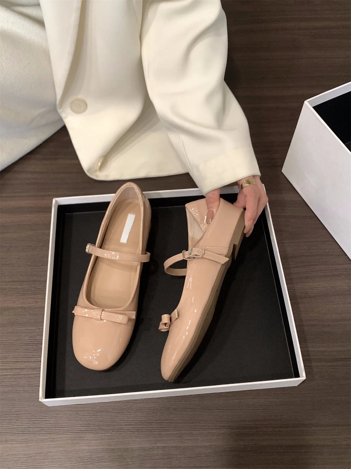 LIZAKOSHT  -  women bouble bowtie flats japanned leather ballerina shoes height increasing bowknot ankle strap loafers women slip on wedges