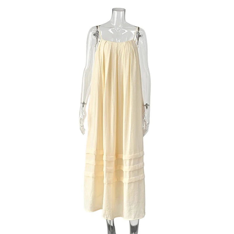 LIZAKOSHT  -  Casual Loose Pleated Sling Long Dress Women Chic Simple Beige Sleeveless Low Cut Holiday Dresses Lady Retro Summer Beach Vestido