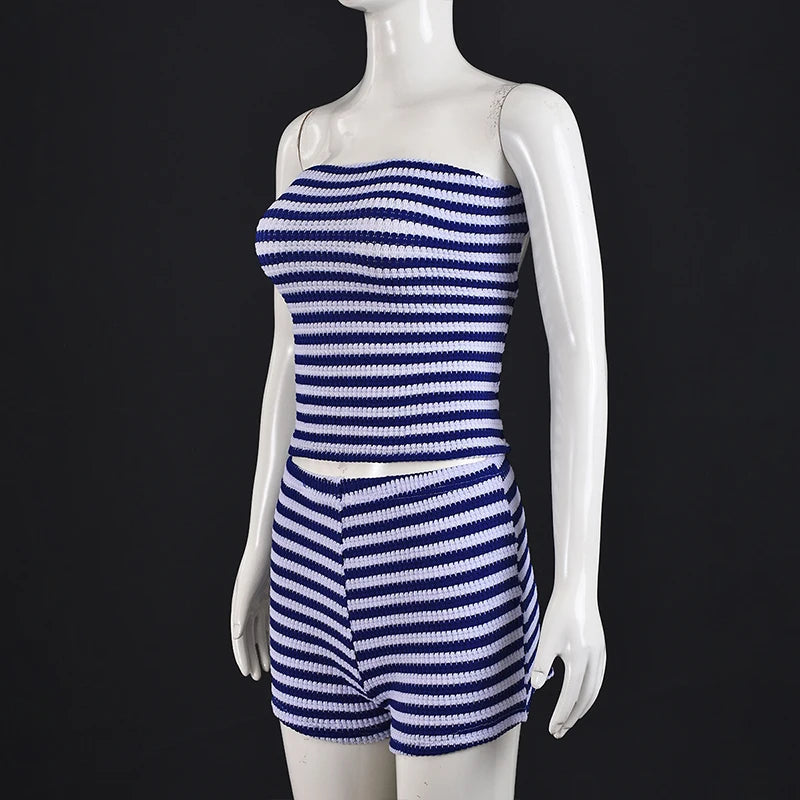 LIZAKOSHT  -  Women's Contrasting Color Casual Stripe Matching Set Strapless Cropped Vest+Shorts Fashion Sexy Slim Fit Holiday Streetwear
