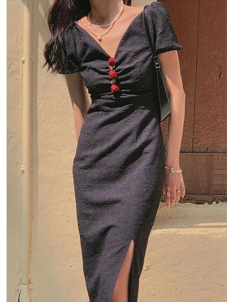 Lizakosht Summer Elegant Women Bodycon Vintage Midi Dress Vestidos Female Slim Party New Clothes