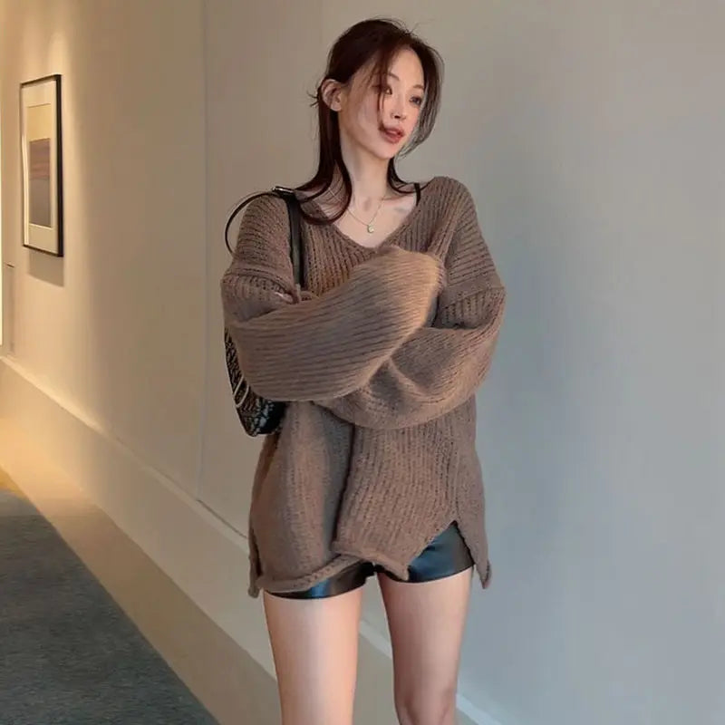 LIZAKOSHT  -  Sweaters Brown V-Neck Slit Autumn Retro Knitted Jumper Tops Y2K Harajuku Casual Women Basic Loose Pullover Korean Style