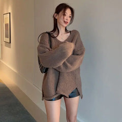 LIZAKOSHT  -  Sweaters Brown V-Neck Slit Autumn Retro Knitted Jumper Tops Y2K Harajuku Casual Women Basic Loose Pullover Korean Style