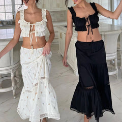LIZAKOSHT  -  Vintage Frill Strap Front Tie Up Crop Tops + Maxi A-line Skirt Elegant Women Chic 2 Piece Set Fairy Y2K Matching Outfits