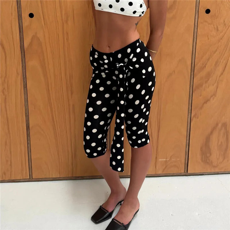 LIZAKOSHT  -  Fashion Low Waist Tie-up Polka Dots Print Slim Short Pants Women Knee Length Capris Summer Casual Trouser Bottom Y2K Streetwear