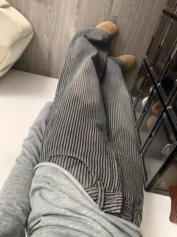 LIZAKOSHT  -  Striped Vintage Loose Jeans High Waist Streetwear Harajuku Women Casual Denim Pants American Retro Fall Winter Wide Leg Trouser