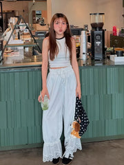 LIZAKOSHT  -  Chic Lace Patchwork Elastic Waist Trouser Women Casual High-waisted Lace Up Loose Wide-leg Ninth Pants Lady Street Outwear