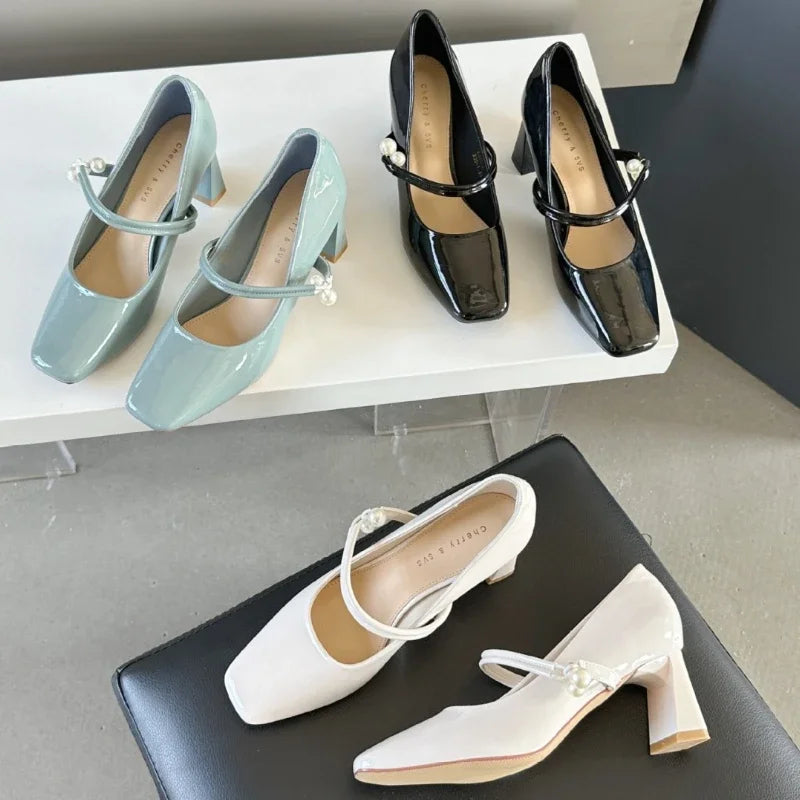 LIZAKOSHT  -  Fashion Chunky Mary Jane Shoe Patent Leather Elegant Dress Shoes Pearl Buckle Comfort Spring Square Toe High Heels Female Pumps