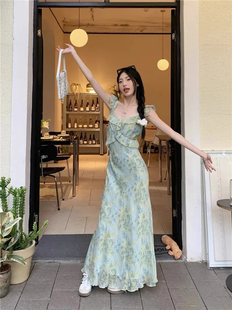 LIZAKOSHT  -  Women's French Style Floral Spaghetti Strap Maxi Dress Beach Vacation Dress