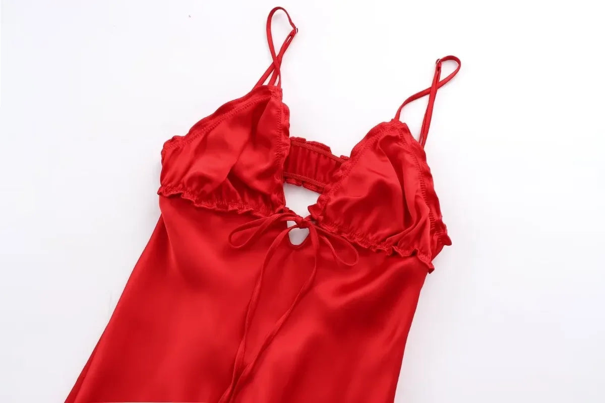 LIZAKOSHT  -  Summer Laminated Decorative Satin Texture Sling V-neck Dress Women Backless Red Long Party Dress Chic Female Evening Mujer