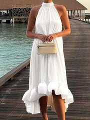 LIZAKOSHT  -  Fashion Irregular Sleeveless Halter Evening Dress Sexy Women Solid Color Loose Party Dress Elegant Off Shoulder Pleat Long Dress