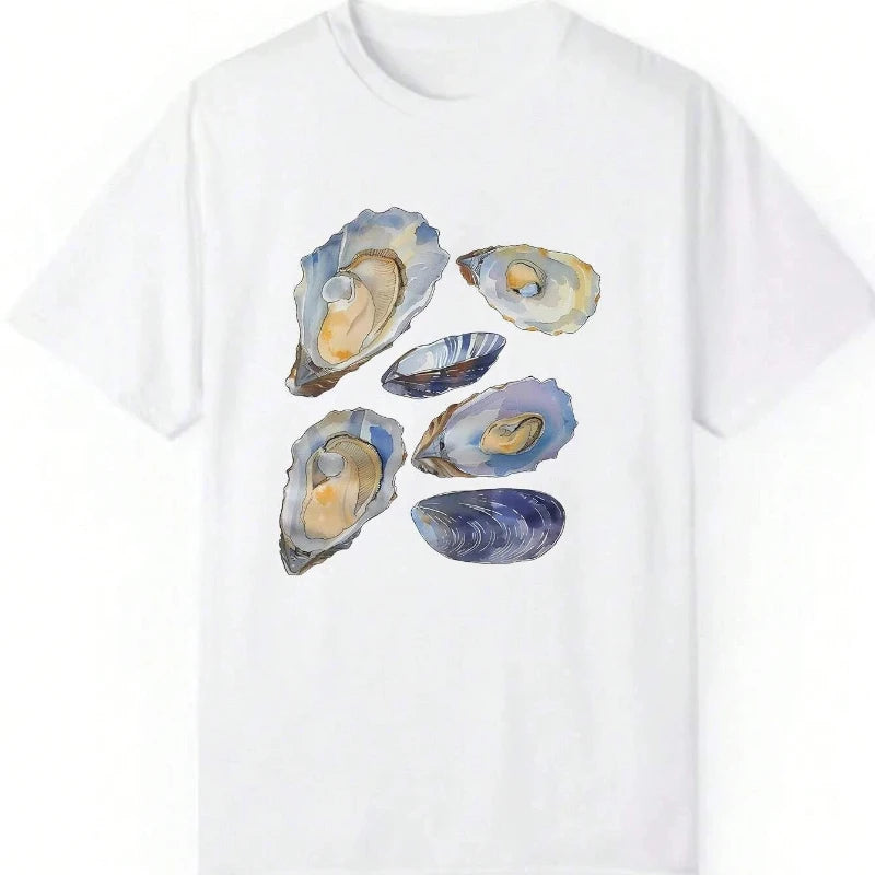 LIZAKOSHT  -  Beautiful Seashell Pattern Print Tee Casual Short Sleeve Womens Tshirt Streetwear Comfortable Graphic Tops Vintage Loose T-Shirt