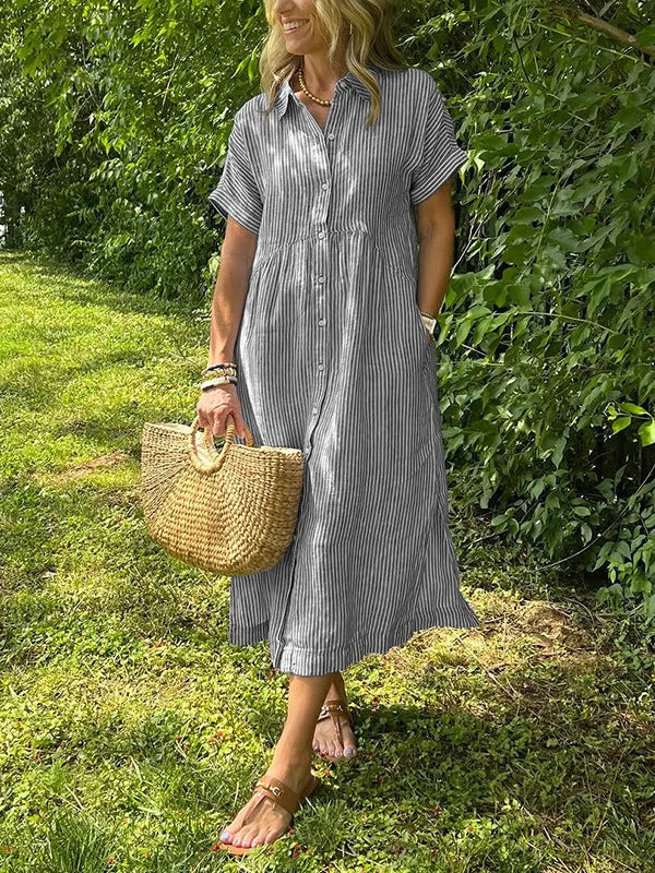 LIZAKOSHT  -  Summer New Women's Striped Dress Shirt Lapel Loose Button Cardigan Pocket Fashion Vacation Casual Street Midi Skirt for Female