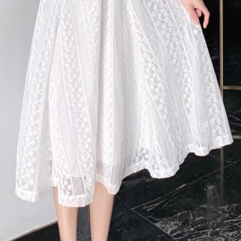 LIZAKOSHT  -  Lace Dresses for Women V Neck Solid Spring Summer Elegant Vestidos Mujer Korean Fashion Puff Sleeve Retro Long Dress