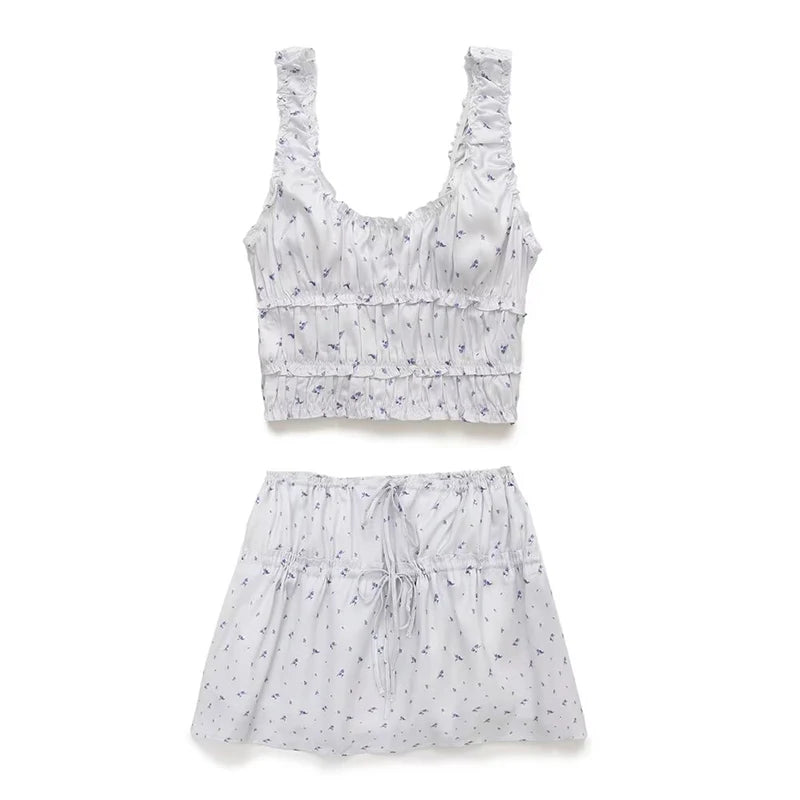 LIZAKOSHT  -  Summer 2024 Women Floral Print Satin Skirt Vintage Drawstring Mid Waist Female A-line Mini Skirt  Holiday