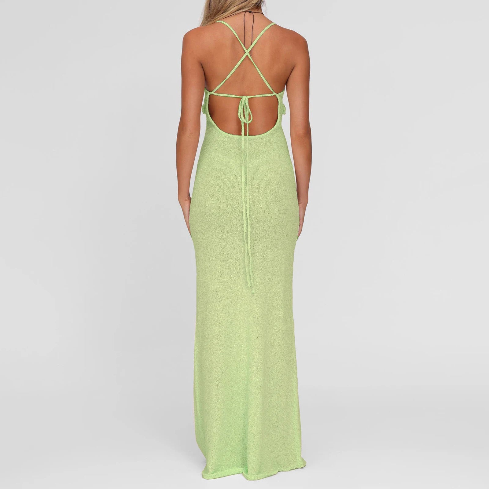 LIZAKOSHT  -  Sexy Women Sleeveless Knit Dress Summer Crochet Flowers Cross Straps Backless Bodycon Party Dress for Streetwear
