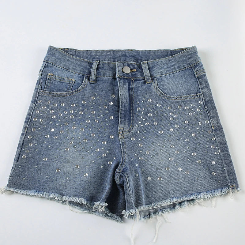 LIZAKOSHT  -  Rhinestone Detail Fashion Frayed Jeans Shorts Y2K Vintage Blue Summer Casual Stylish Women Denim Shorts Streetwear