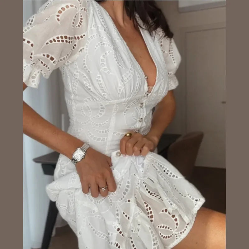 LIZAKOSHT  -  Elegant Hollow Out Dress For Women Fashion White V-neck Single Breasted Short Sleeve Slim Female Dresses 2025 Summer Lady Robe