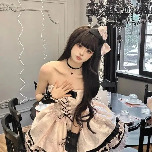 LIZAKOSHT  -  Japan Summer Original Japanese Harajuku Cool Girl Fashion Black Pink Bow Dress Female Temperament Sweet Kawaii Princess Dress
