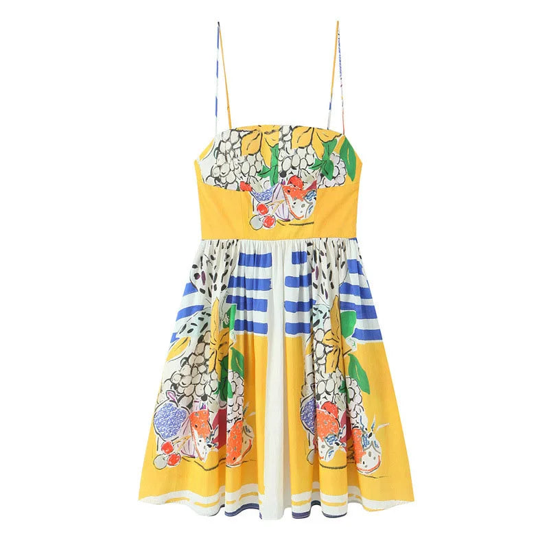 LIZAKOSHT  -  Halter Fruit Printed Slip Dress Poplin Fluffy Backless Vacation Beach Women Strap Short Dresses Slimming Waist Cinched Suspender