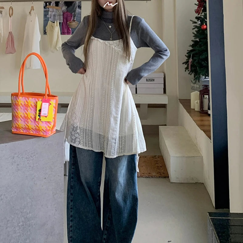 LIZAKOSHT  -  Spring New Korean Hollow Loose Casual Asymmetric Lace Sling Dress Women + Solid Color Long-sleeved T-shirt Two-piece Suit