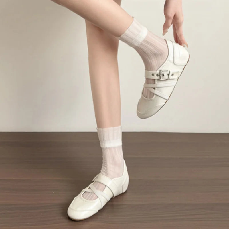 LIZAKOSHT  -   Matte Ballet Mary Jane Flats Ladies Criss Cross Strap Slip on Vintage Soft Walking Footwear Suitable for Office Commute Casual