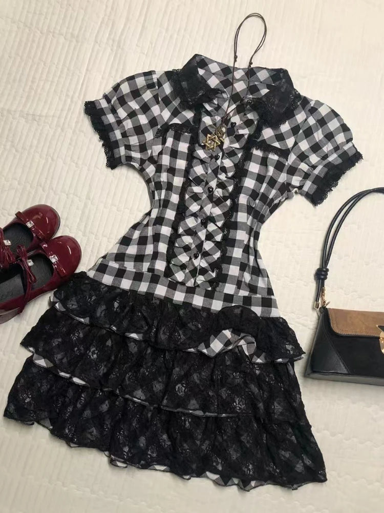 LIZAKOSHT  -  Vintage Design Black Plaid Dress Women's Summer Hot Girl Lapel Short Sleeve Shirt Dresses Fashion Hepburn Slim Thin New Outfits